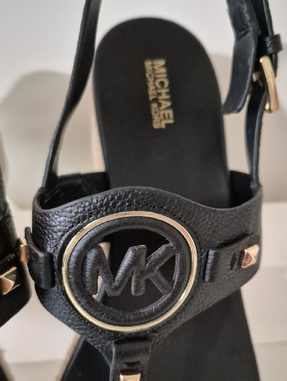 Michael Kors Black & Gold MK Logo Wedge Sandals - Picture 2 of 9